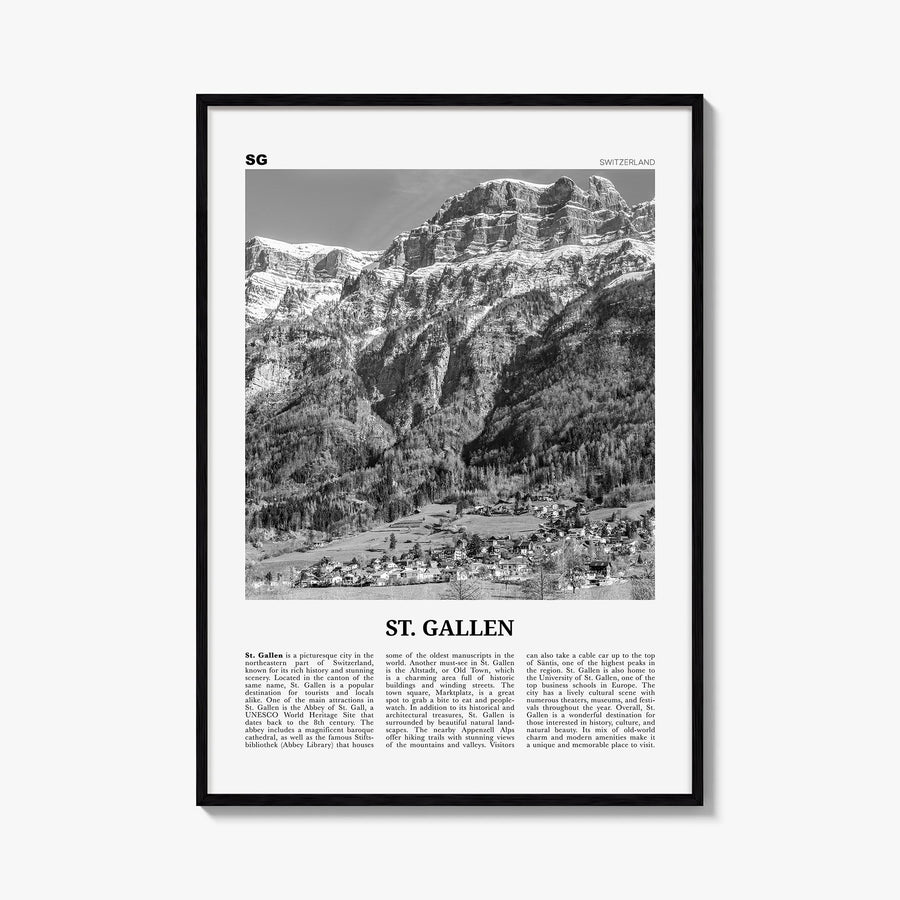 St. Gallen black & white newspaper poster of Switzerland – vertical wall art, unframed print shown in interior mockup