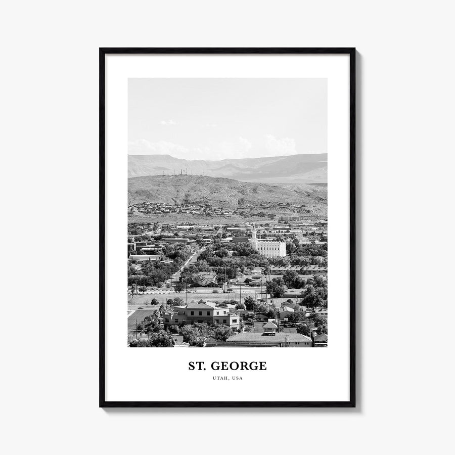 St. George black & white classic poster of Utah, USA – vertical wall art, unframed print shown in interior mockup
