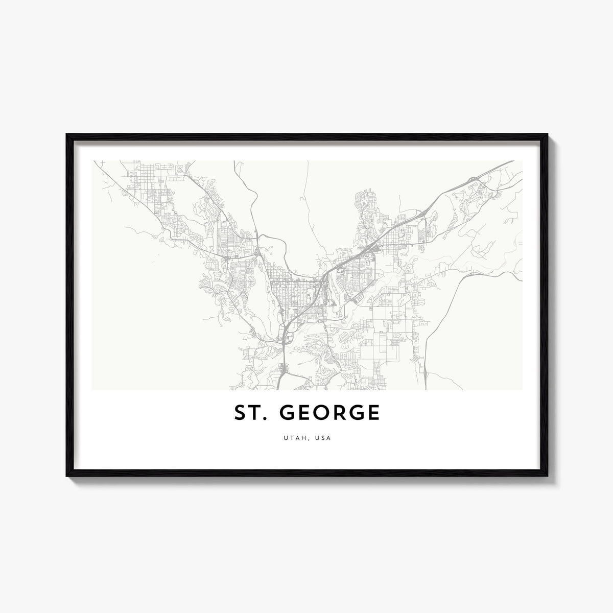 St. George black & white map poster of Utah, USA – horizontal wall art, unframed print shown in interior mockup