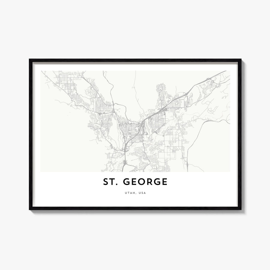 St. George black & white map poster of Utah, USA – horizontal wall art, unframed print shown in interior mockup