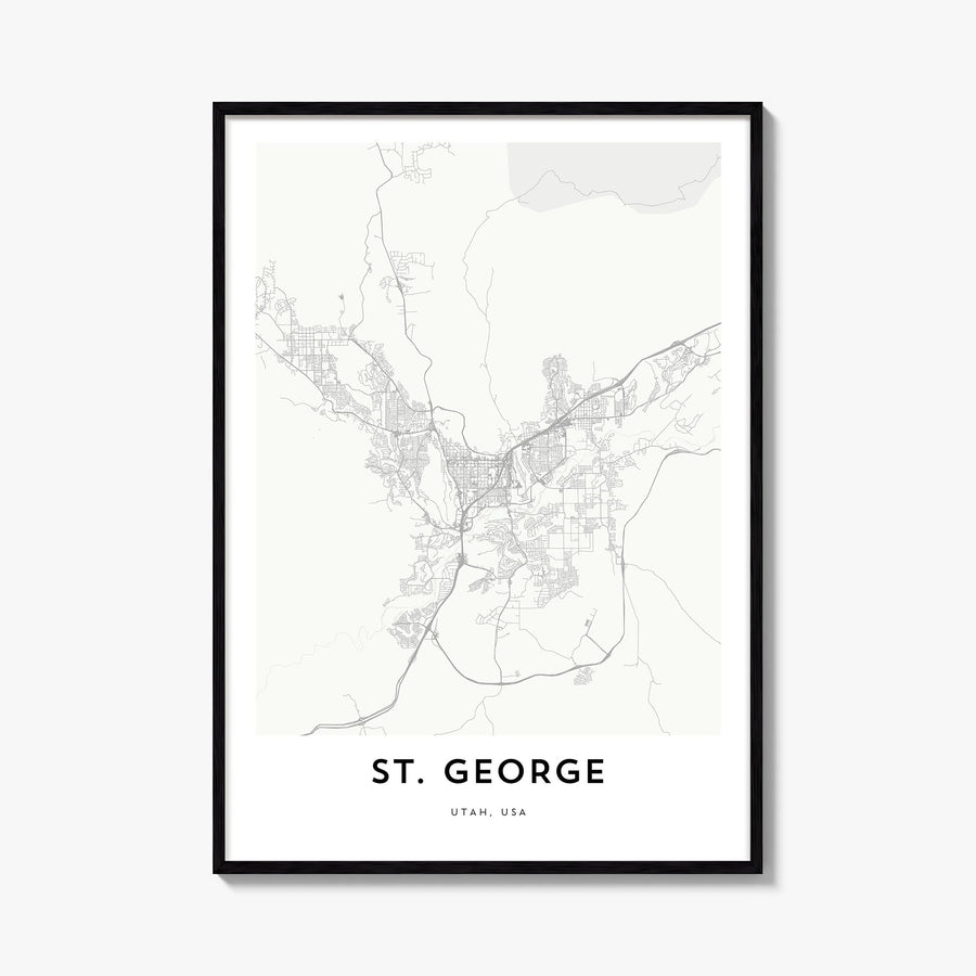St. George black & white map poster of Utah, USA – vertical wall art, unframed print shown in interior mockup