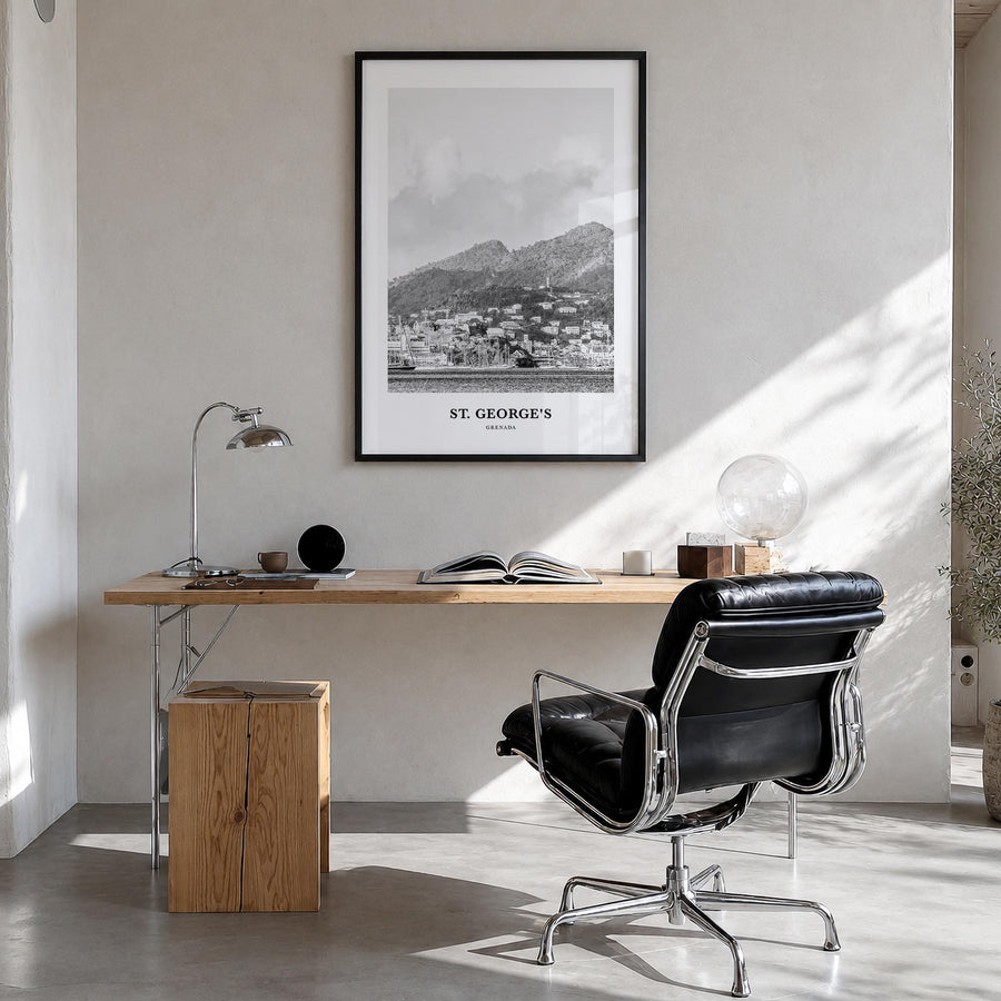 St. George's black & white classic poster of Grenada – vertical wall art in black wood frame, hanging on wall