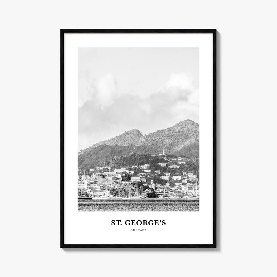 St. George's black & white classic poster of Grenada – vertical wall art, unframed print shown in interior mockup