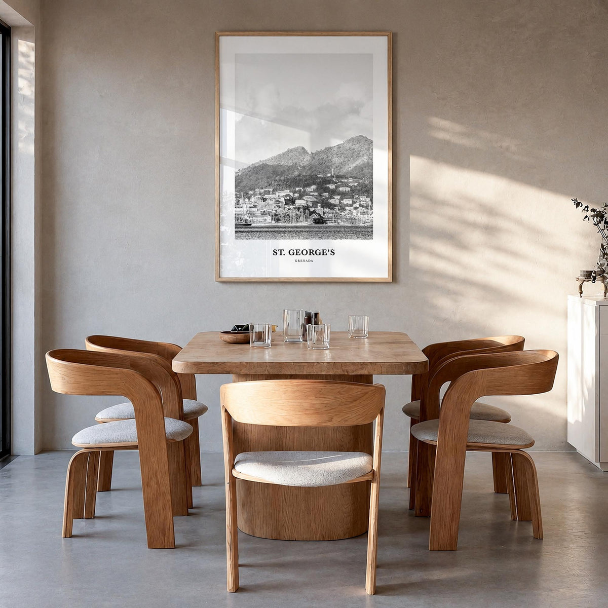 St. George's black & white classic poster of Grenada – vertical wall art in natural wood frame, hanging on wall