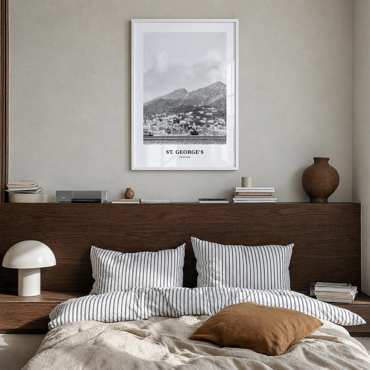 St. George's black & white classic poster of Grenada – vertical wall art in white wood frame, hanging on wall
