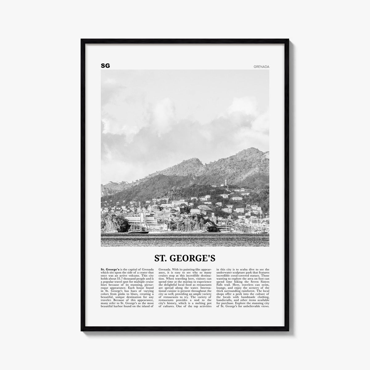 St. George's black & white newspaper poster of Grenada – vertical wall art, unframed print shown in interior mockup