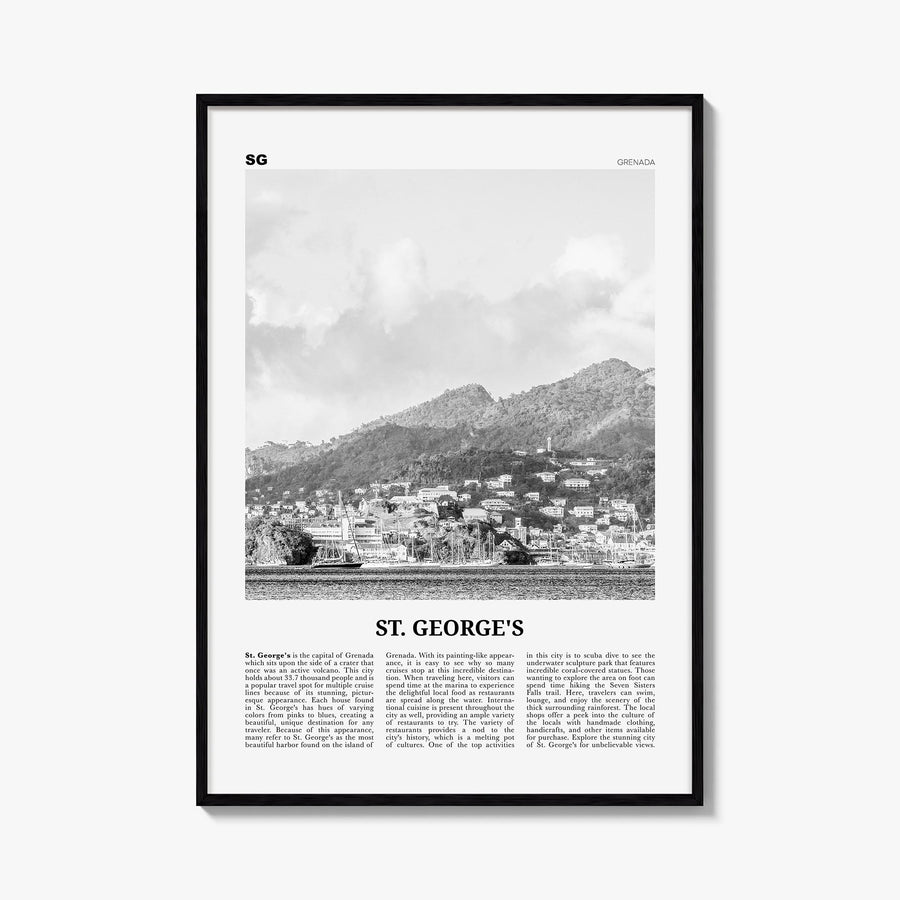 St. George's black & white newspaper poster of Grenada – vertical wall art, unframed print shown in interior mockup