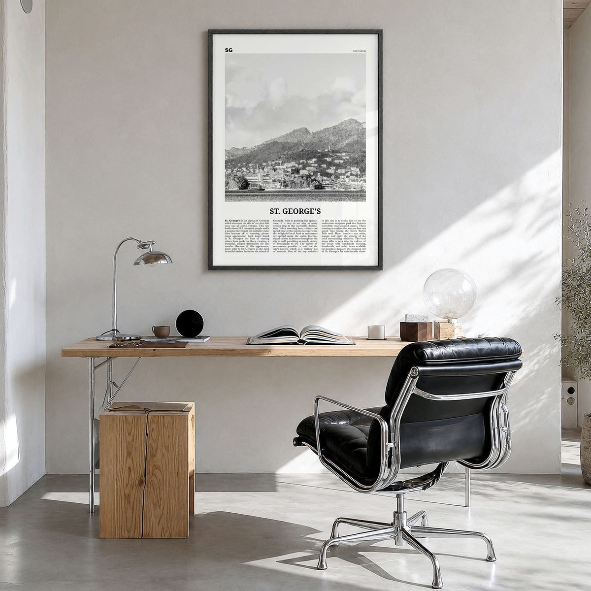 St. George's, Grenada Newspaper Poster in a black wood frame, hanging in a bright home office
