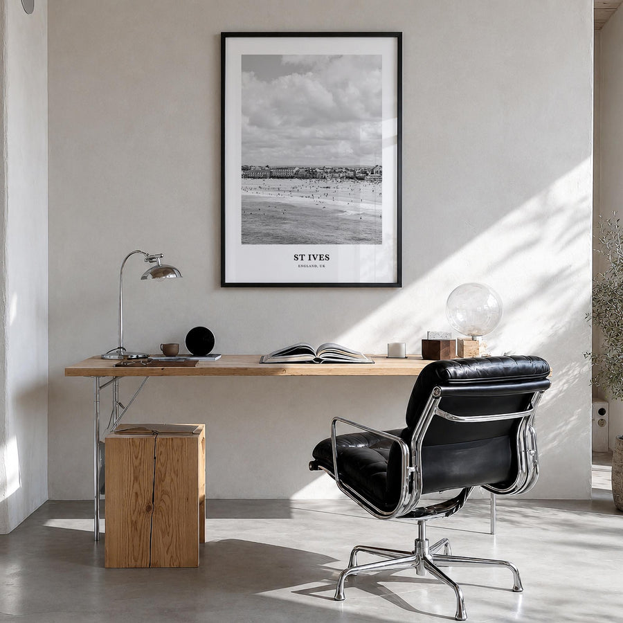 St. Ives black & white classic poster of United Kingdom – vertical wall art in black wood frame, hanging on wall