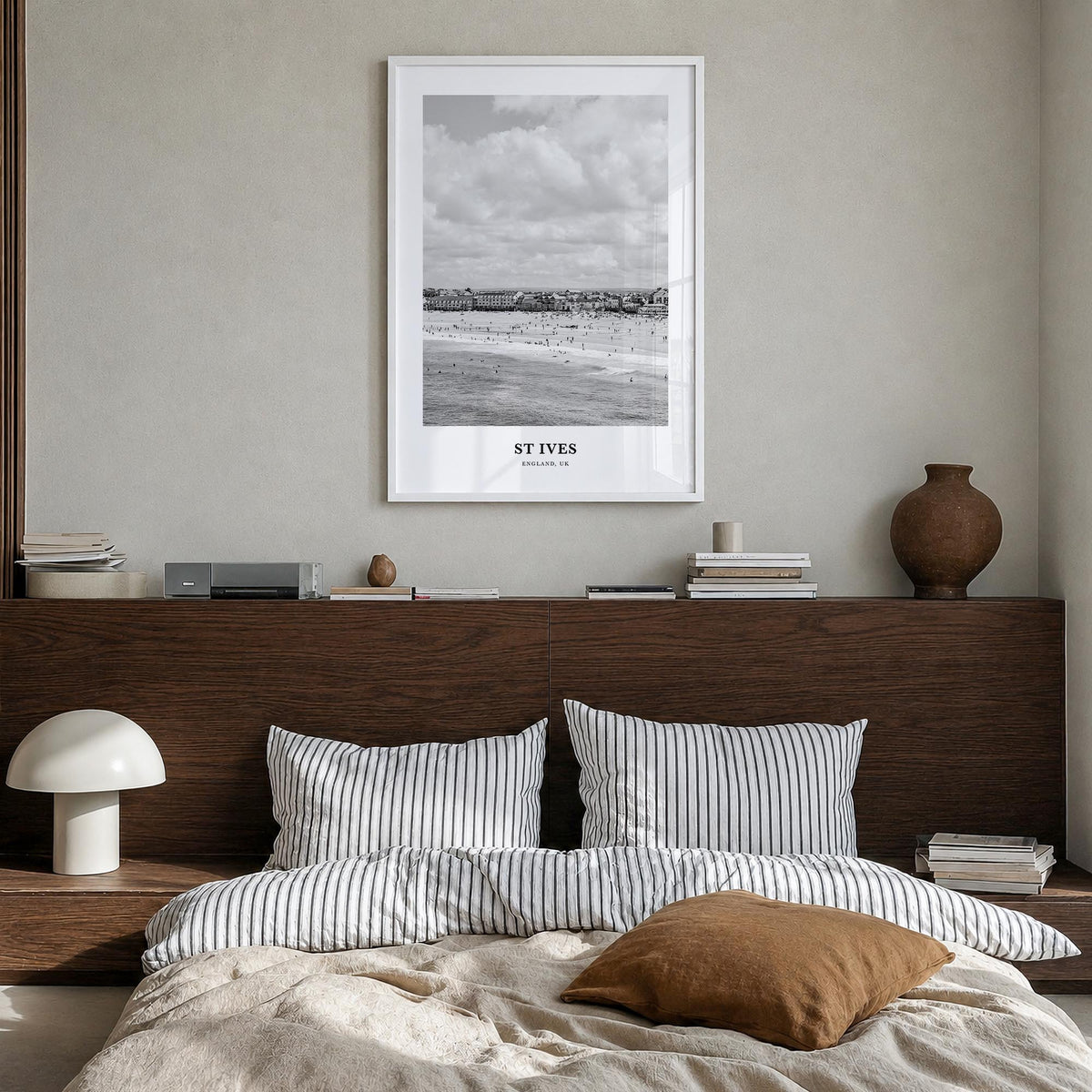St. Ives black & white classic poster of United Kingdom – vertical wall art in white wood frame, hanging on wall