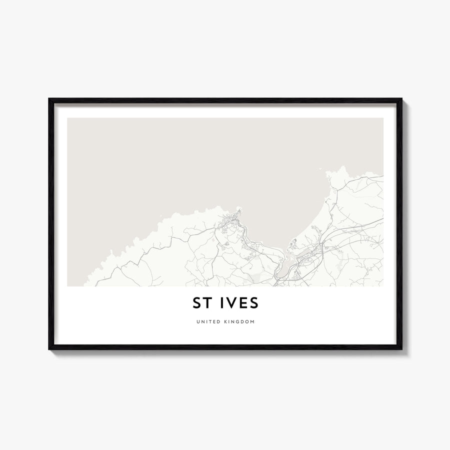 St. Ives black & white map poster of United Kingdom – horizontal wall art, unframed print shown in interior mockup