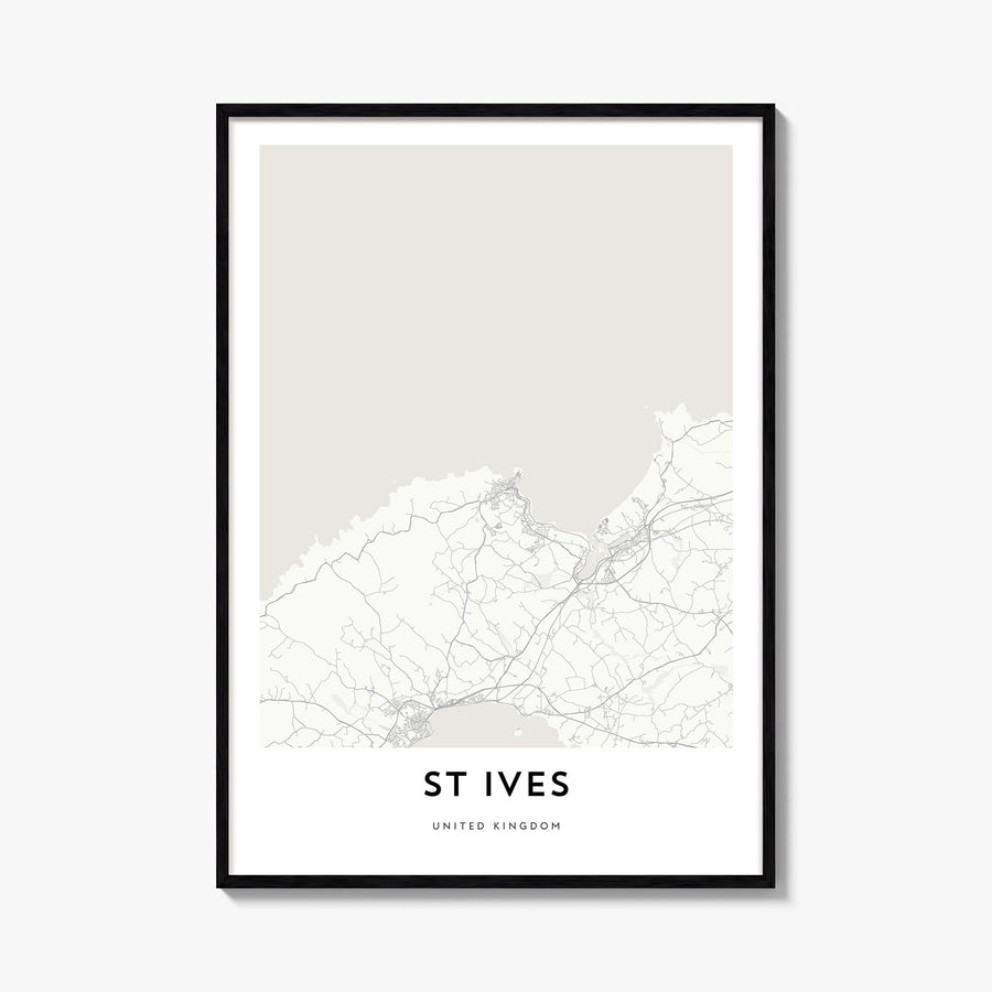 St. Ives black & white map poster of United Kingdom – vertical wall art, unframed print shown in interior mockup