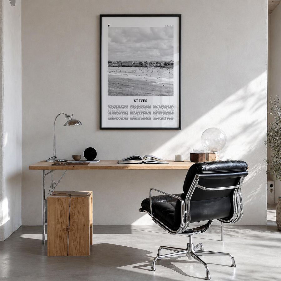 St. Ives black & white newspaper poster of United Kingdom – vertical wall art in black wood frame, hanging on wall