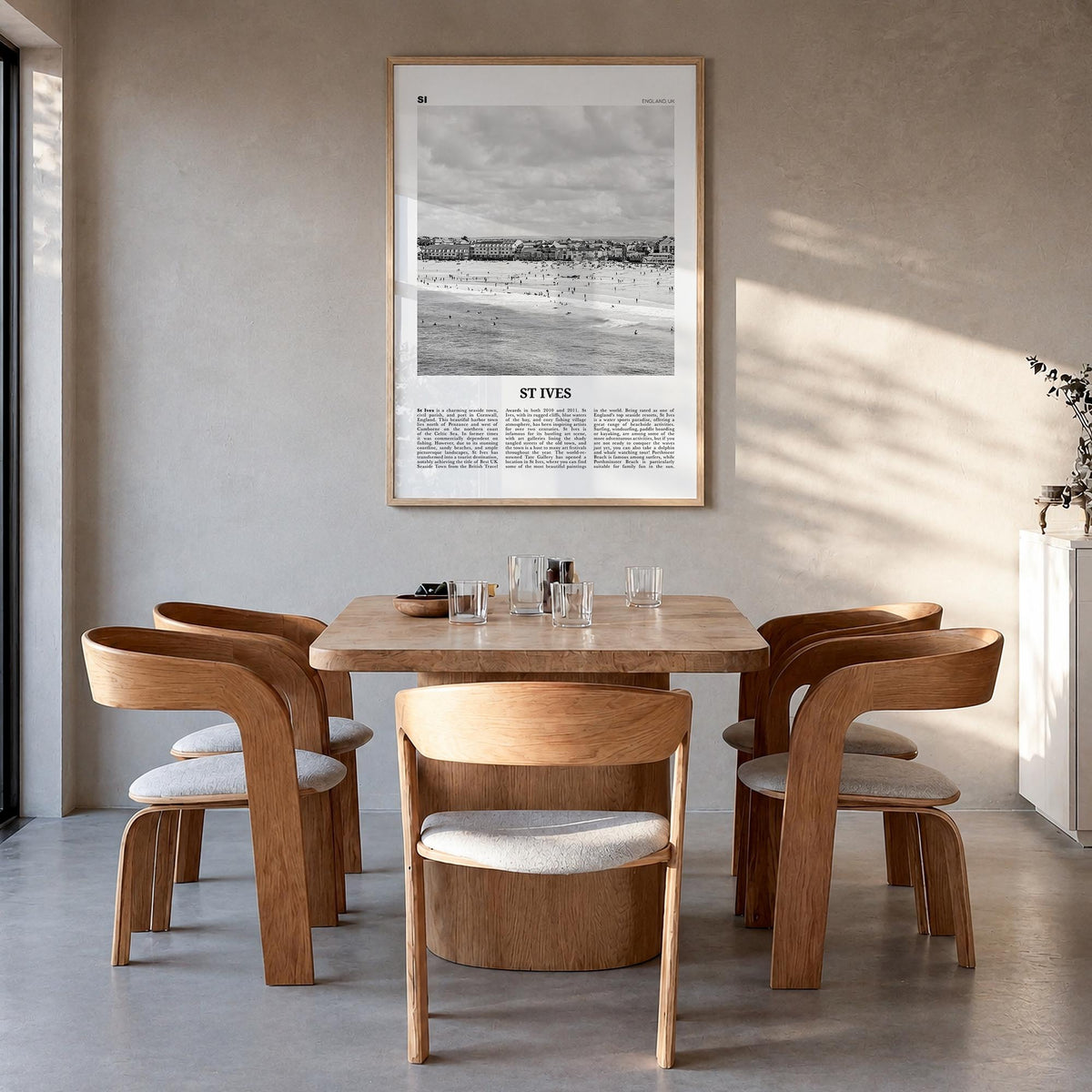 St. Ives black & white newspaper poster of United Kingdom – vertical wall art in natural wood frame, hanging on wall