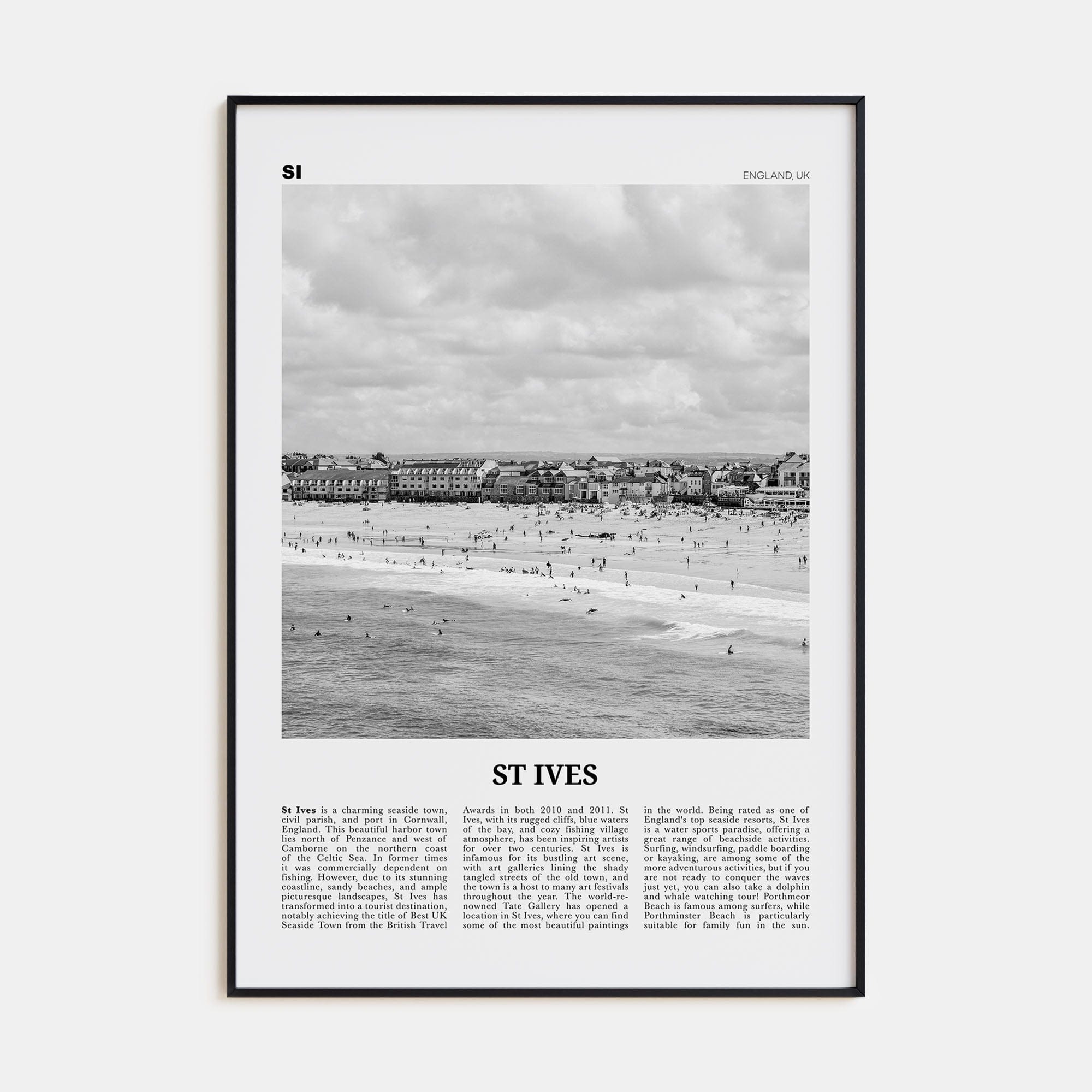 St. Ives Poster Black Metal / 8x12 in Nbourhood Travel B&W Poster