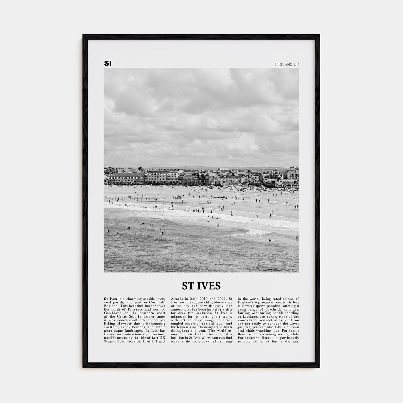 St. Ives Poster Black Wood / 8x12 in Nbourhood Travel B&W Poster