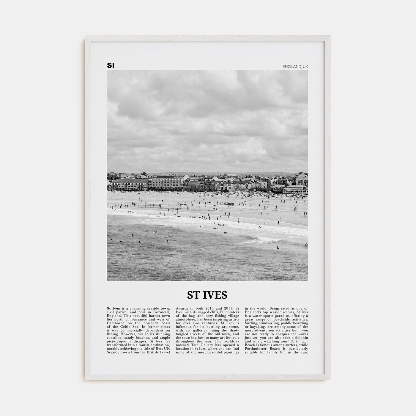 St. Ives Poster White Wood / 8x12 in Nbourhood Travel B&W Poster