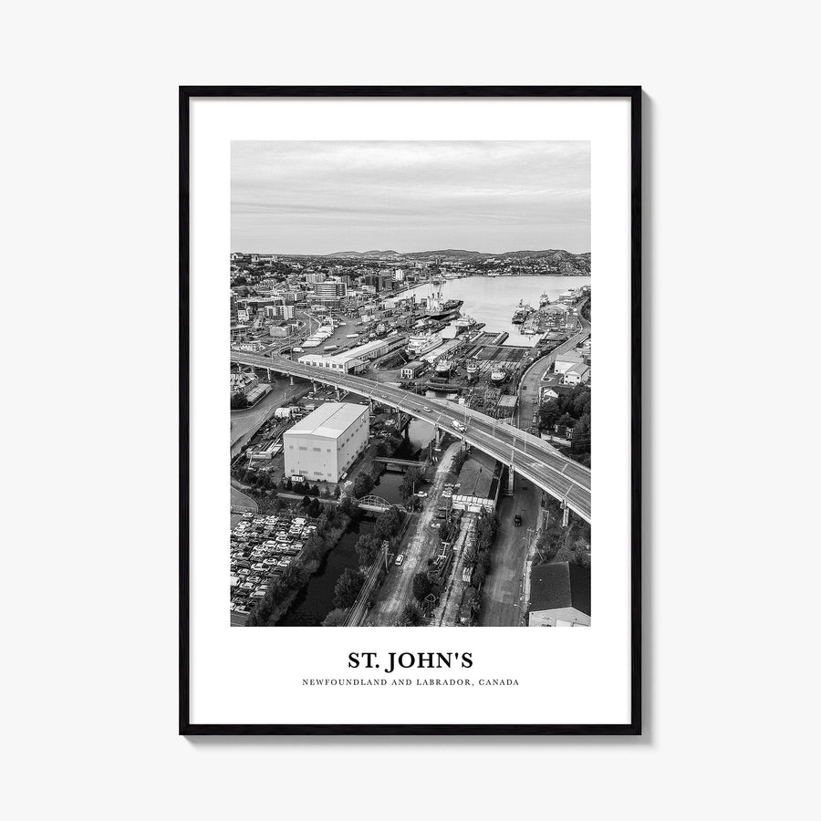 St. John's black & white classic poster of Canada – vertical wall art, unframed print shown in interior mockup