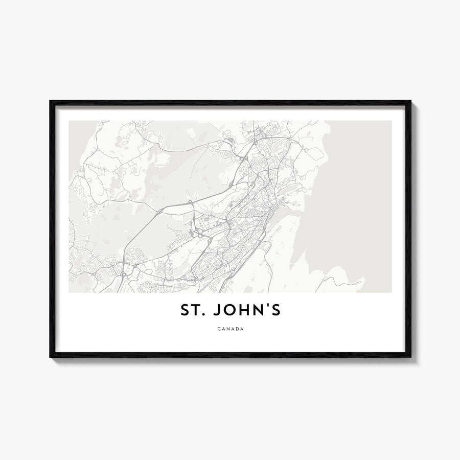 St. John's black & white map poster of Canada – horizontal wall art, unframed print shown in interior mockup