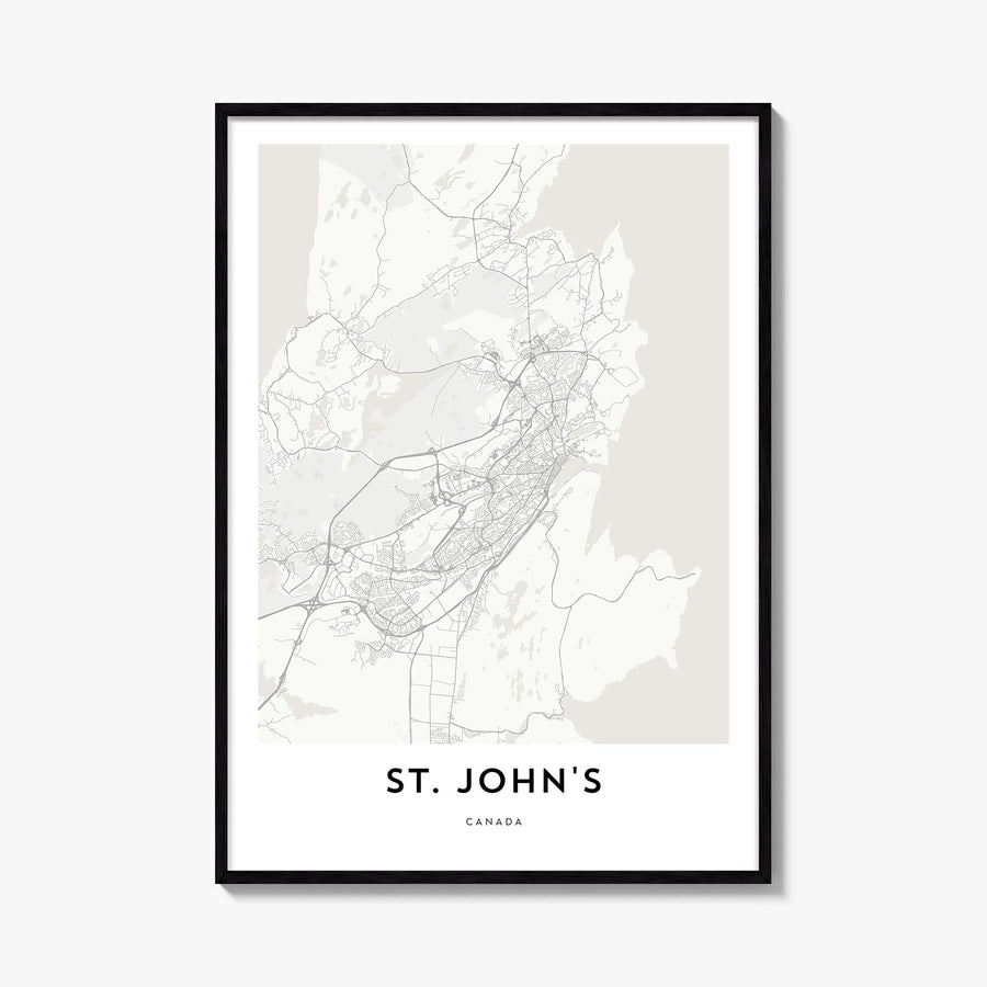 St. John's black & white map poster of Canada – vertical wall art, unframed print shown in interior mockup