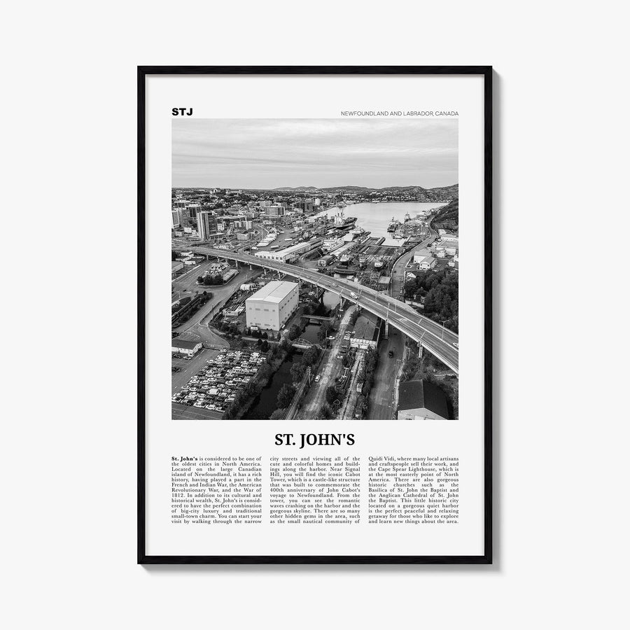 St. John's black & white newspaper poster of Canada – vertical wall art, unframed print shown in interior mockup