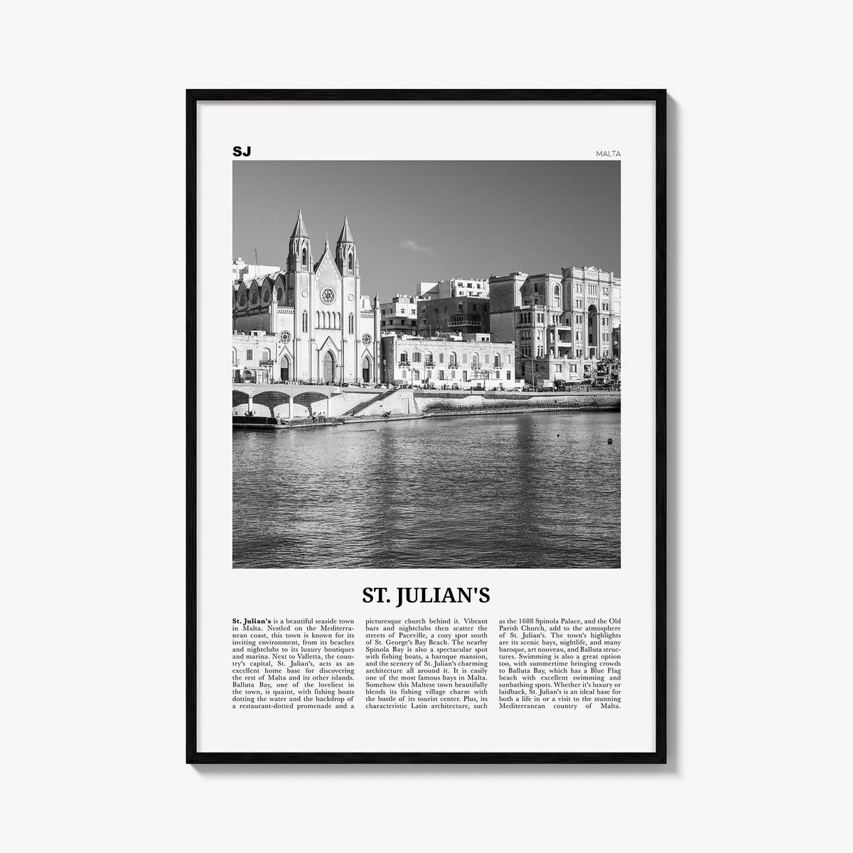 St. Julian's black & white newspaper poster of Malta – vertical wall art, unframed print shown in interior mockup