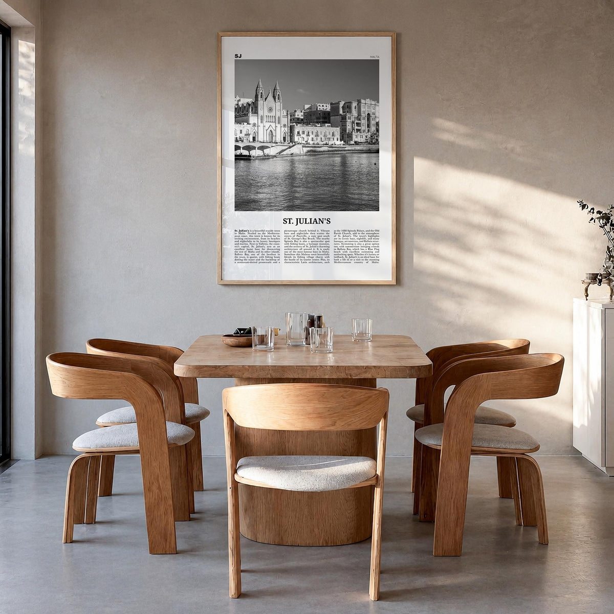 St. Julian's black & white newspaper poster of Malta – vertical wall art in natural wood frame, hanging on wall