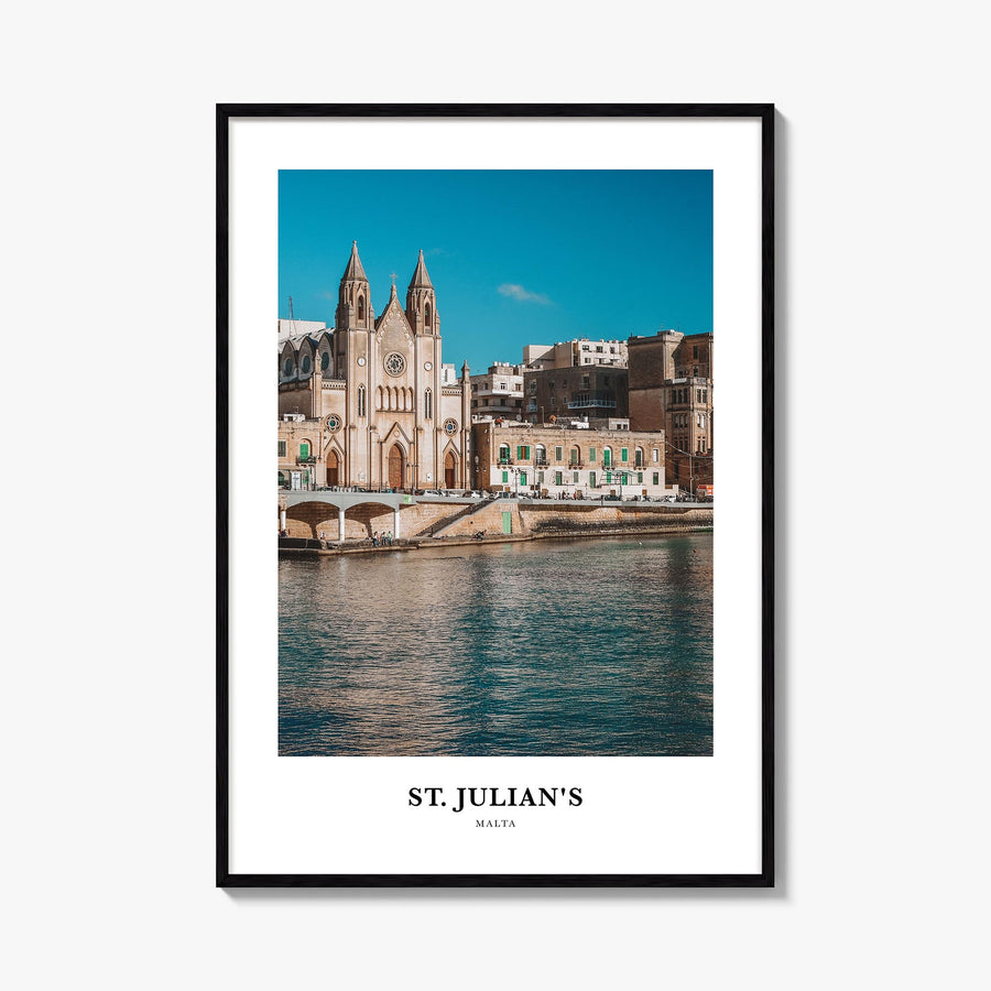 St. Julian's colorful classic poster of Malta – vertical wall art, unframed print shown in interior mockup