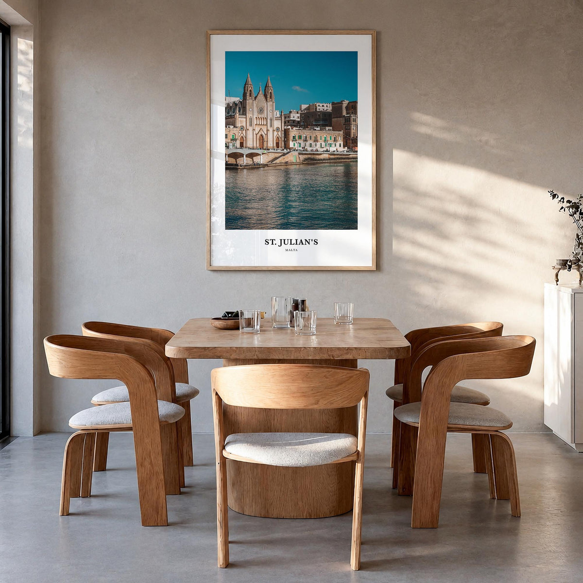 St. Julian's colorful classic poster of Malta – vertical wall art in natural wood frame, hanging on wall
