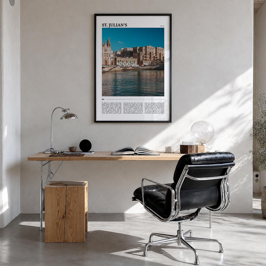 St. Julian's colorful travel poster of Malta – vertical wall art in black wood frame, hanging on wall