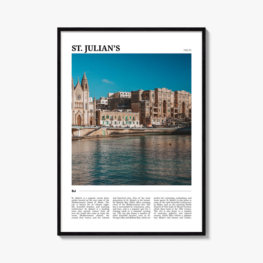 St. Julian's colorful travel poster of Malta – vertical wall art, unframed print shown in interior mockup