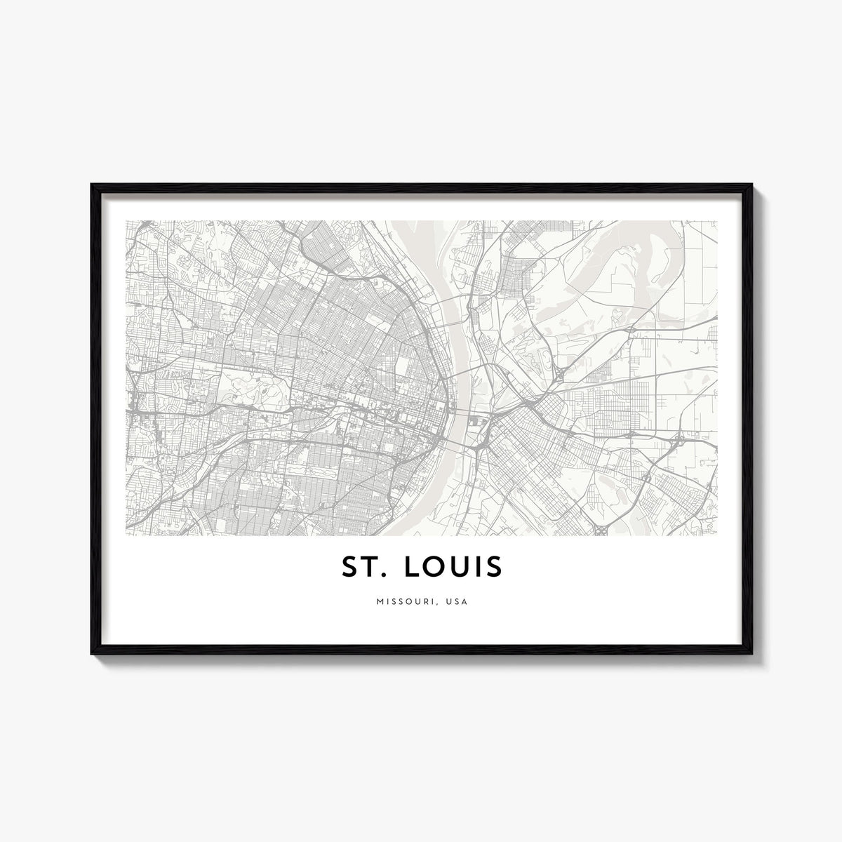 St. Louis black & white map poster of Missouri, USA – horizontal wall art, unframed print shown in interior mockup