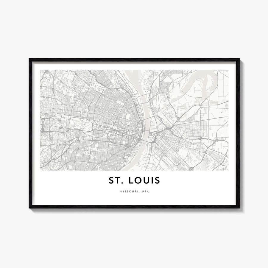 St. Louis black & white map poster of Missouri, USA – horizontal wall art, unframed print shown in interior mockup
