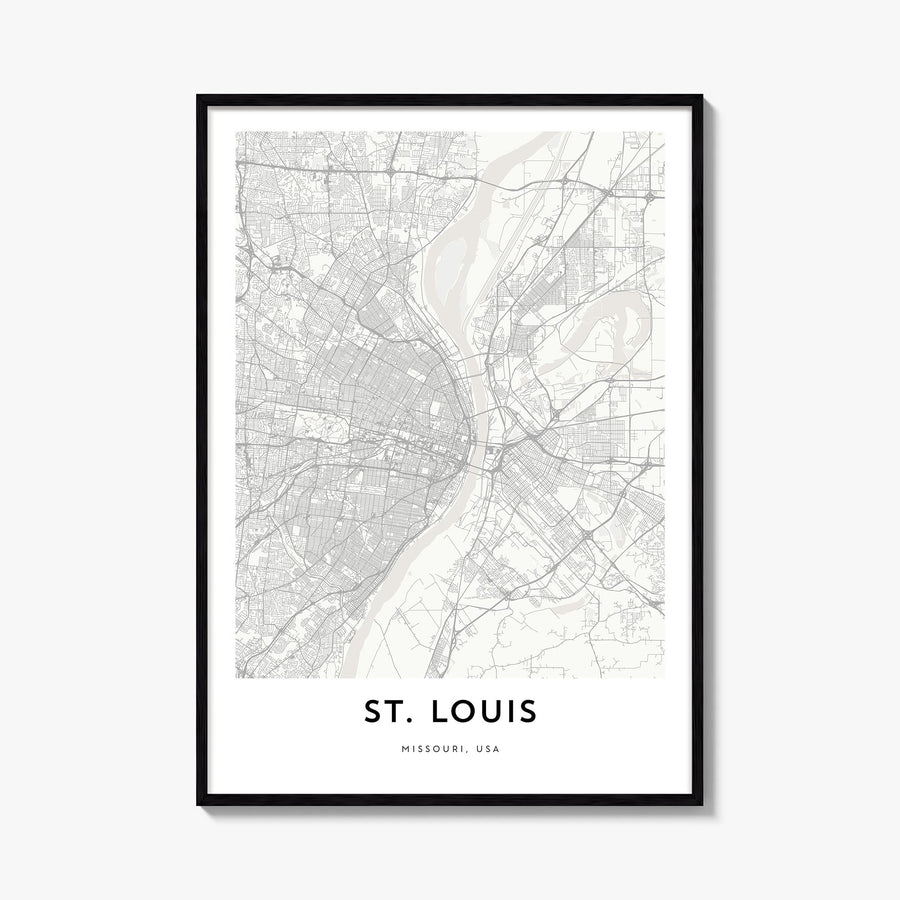 St. Louis black & white map poster of Missouri, USA – vertical wall art, unframed print shown in interior mockup