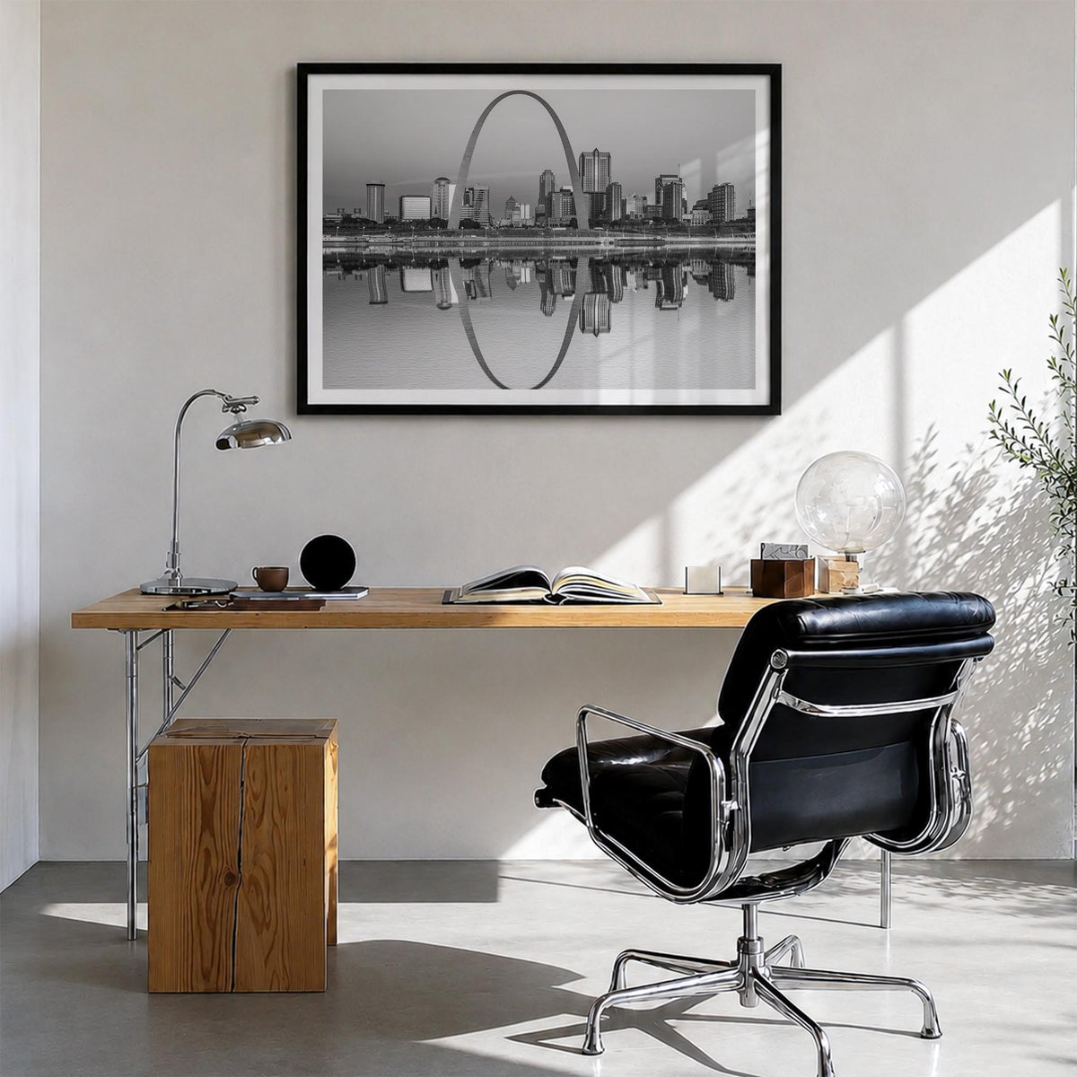 St. Louis black & white photo poster of Missouri, USA – horizontal wall art in black wood frame with white border, hanging on