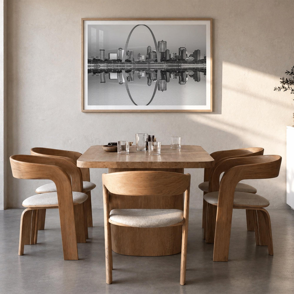 St. Louis black & white photo poster of Missouri, USA – horizontal wall art in natural wood frame with white border, hanging 