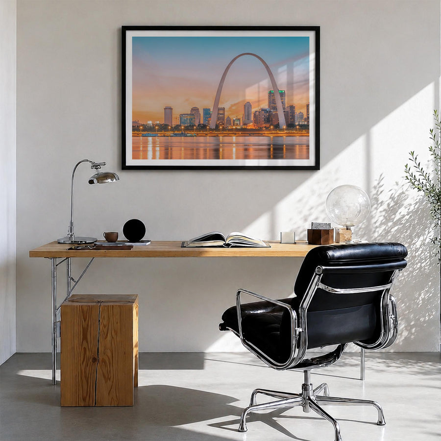St. Louis colorful photo poster of Missouri, USA – horizontal wall art in black wood frame with white border, hanging on wall
