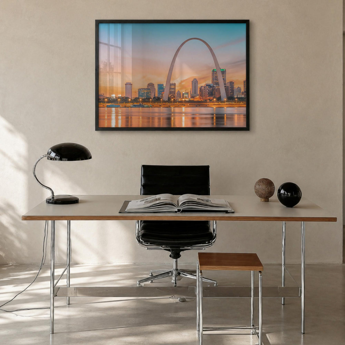 St. Louis colorful photo poster of Missouri, USA – horizontal wall art in black wood frame, hanging on wall