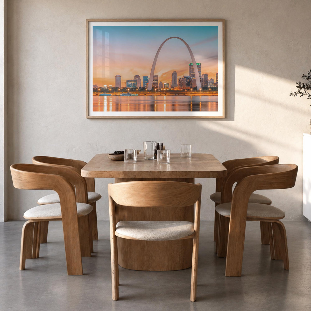 St. Louis colorful photo poster of Missouri, USA – horizontal wall art in natural wood frame with white border, hanging on wa