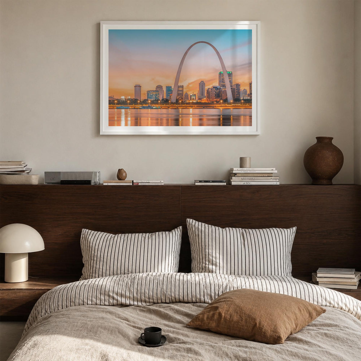 St. Louis colorful photo poster of Missouri, USA – horizontal wall art in white wood frame with white border, hanging on wall