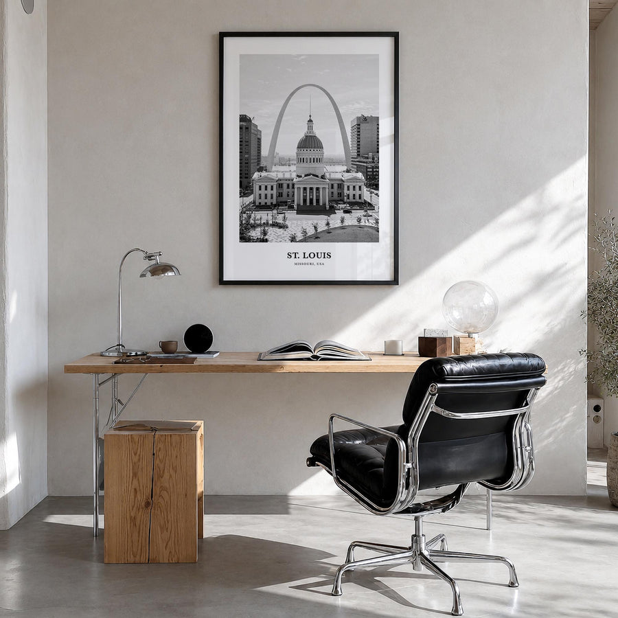 St. Louis no. 1 black & white classic poster of Missouri, USA – vertical wall art in black wood frame, hanging on wall