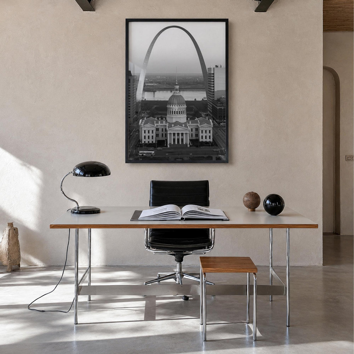 St. Louis no. 1 black & white photo poster of Missouri, USA – vertical wall art in black wood frame, hanging on wall