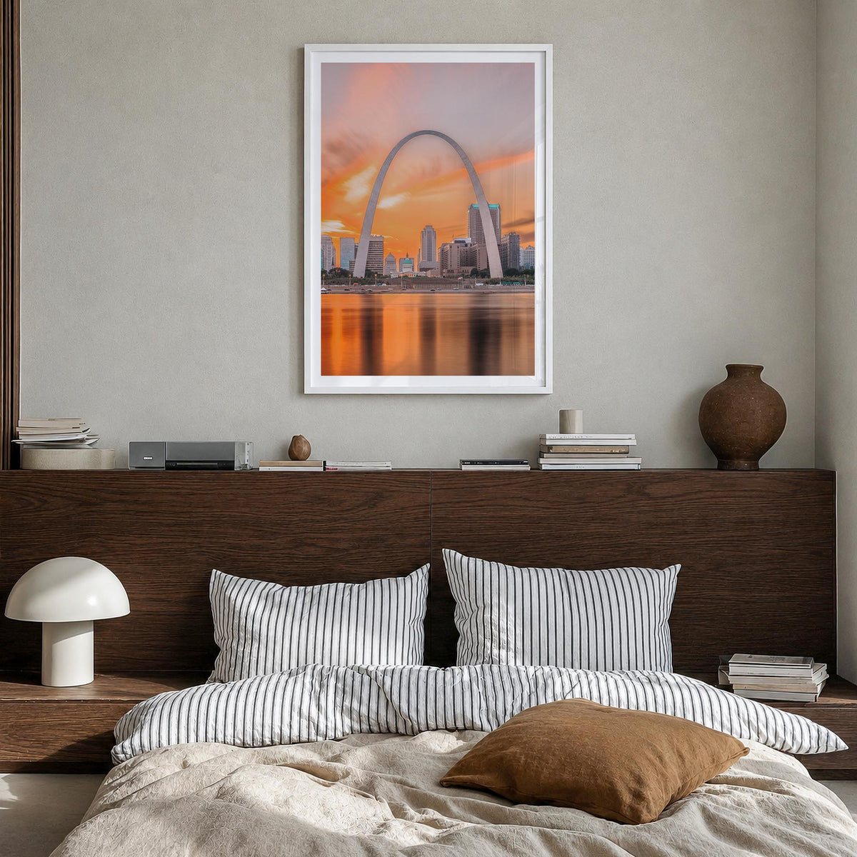 St. Louis no. 1 colorful photo poster of Missouri, USA – vertical wall art in white wood frame with white border, hanging on 