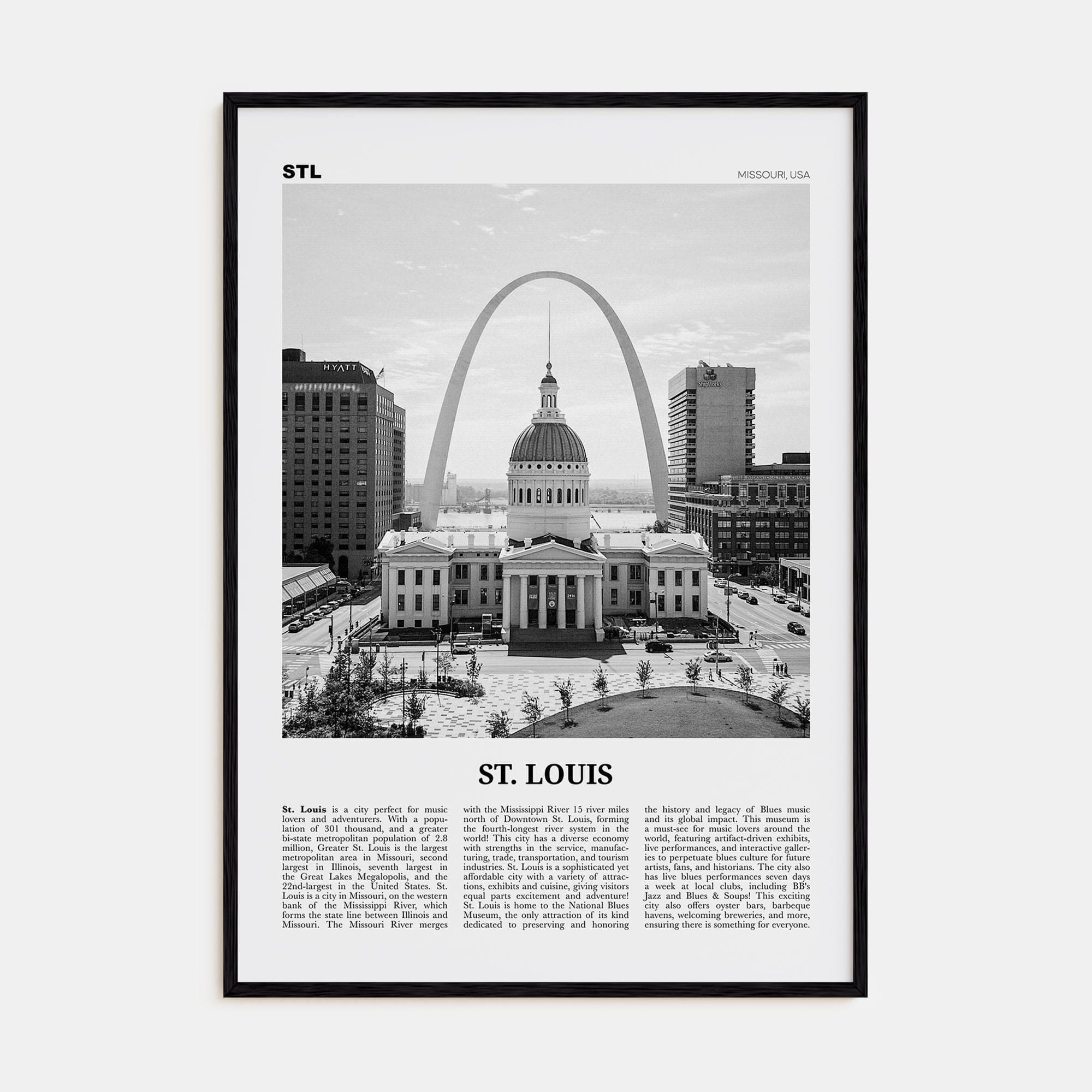 St. Louis No 1 Poster Black Wood / 8x12 in Nbourhood Travel B&W Poster