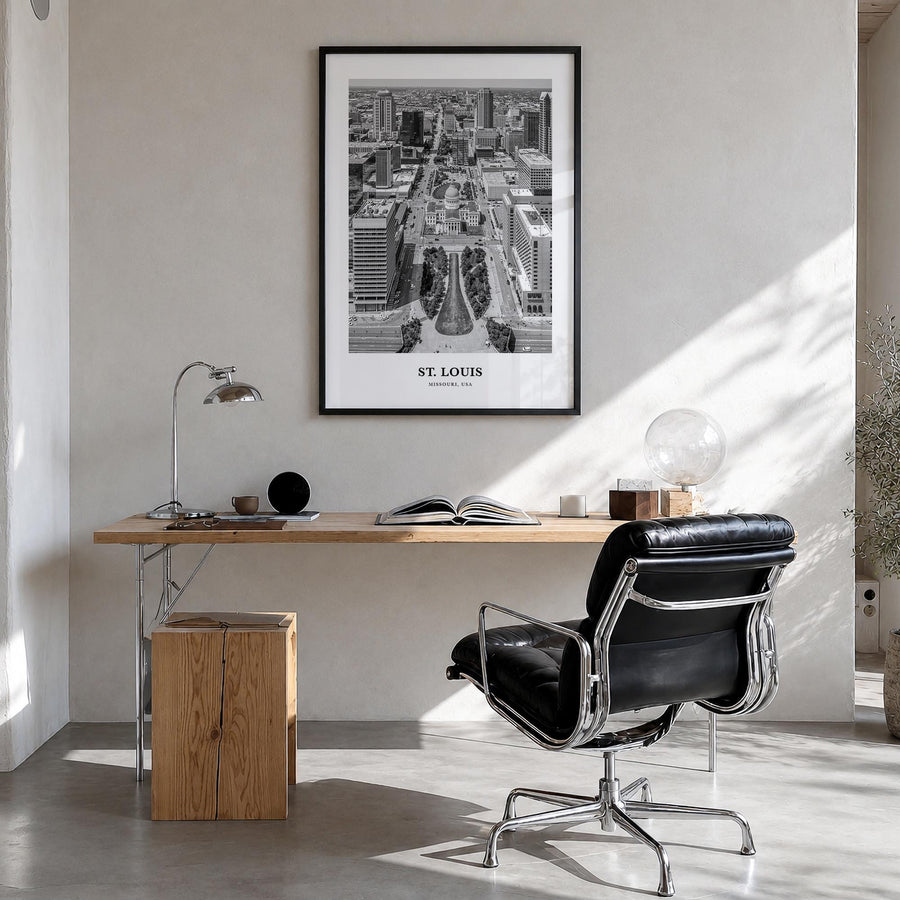 St. Louis no. 2 black & white classic poster of Missouri, USA – vertical wall art in black wood frame, hanging on wall