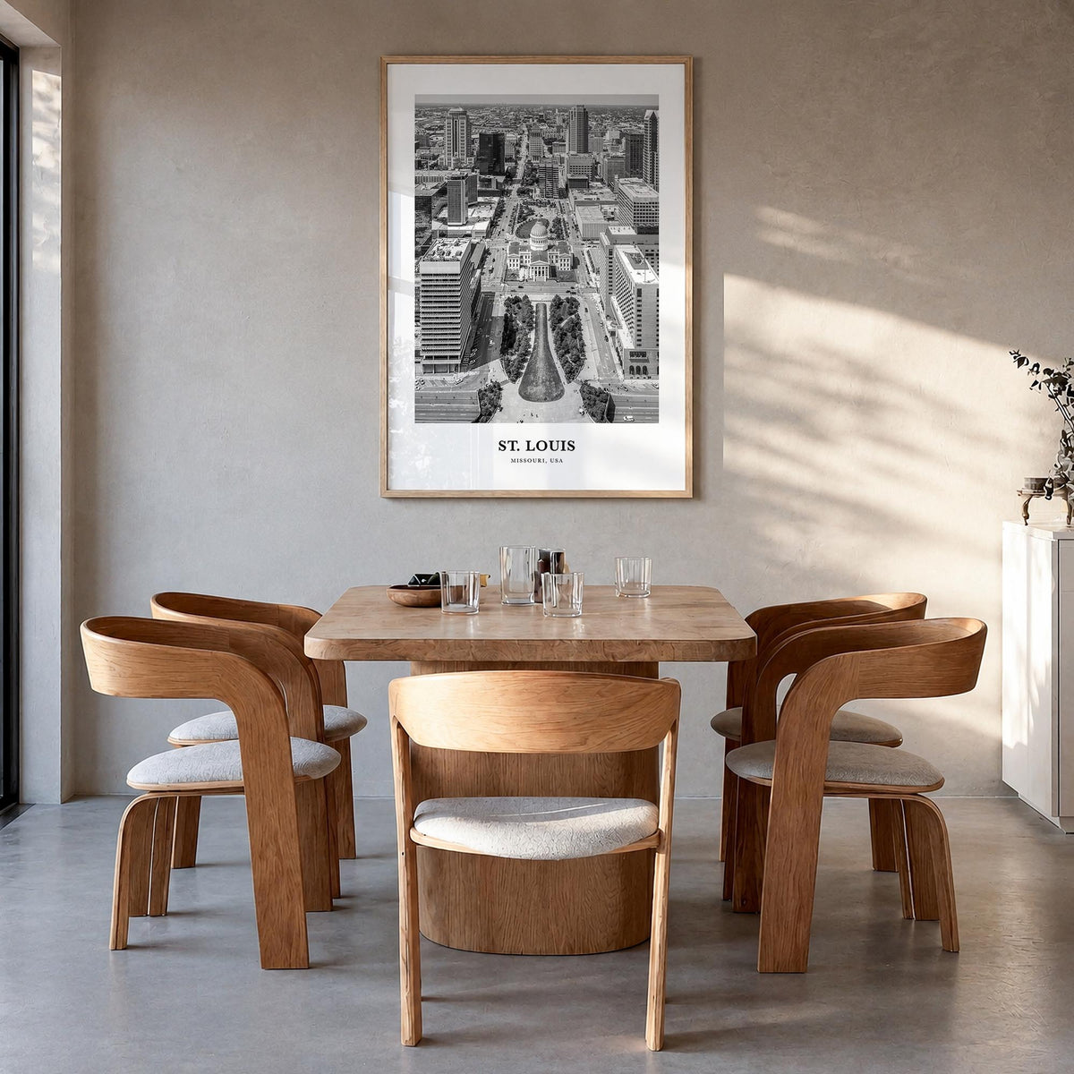 St. Louis no. 2 black & white classic poster of Missouri, USA – vertical wall art in natural wood frame, hanging on wall