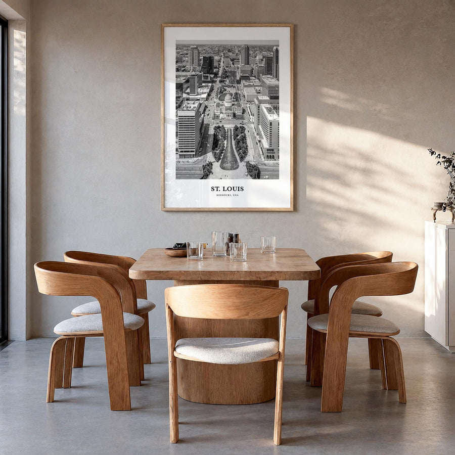 St. Louis no. 2 black & white classic poster of Missouri, USA – vertical wall art in natural wood frame, hanging on wall