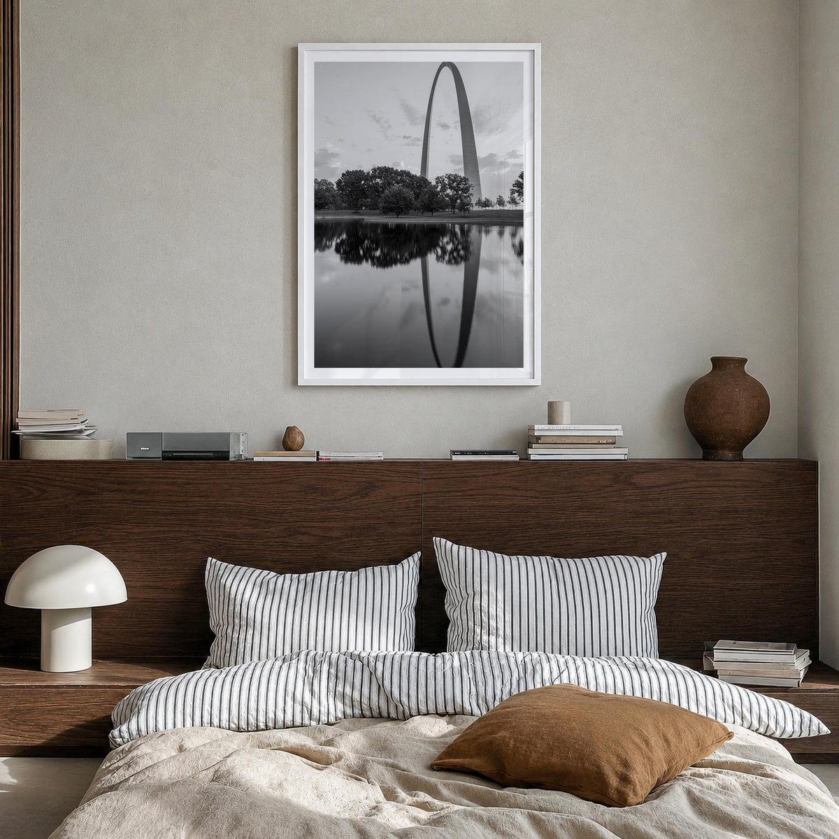 St. Louis no. 2 black & white photo poster of Missouri, USA – vertical wall art in white wood frame with white border, hangin