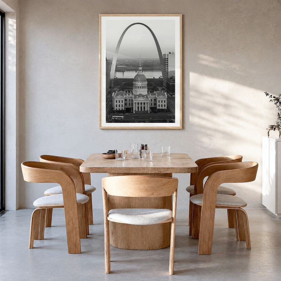 St. Louis Photo No 1 Poster in a natural wood frame, hanging in a dining room, white border