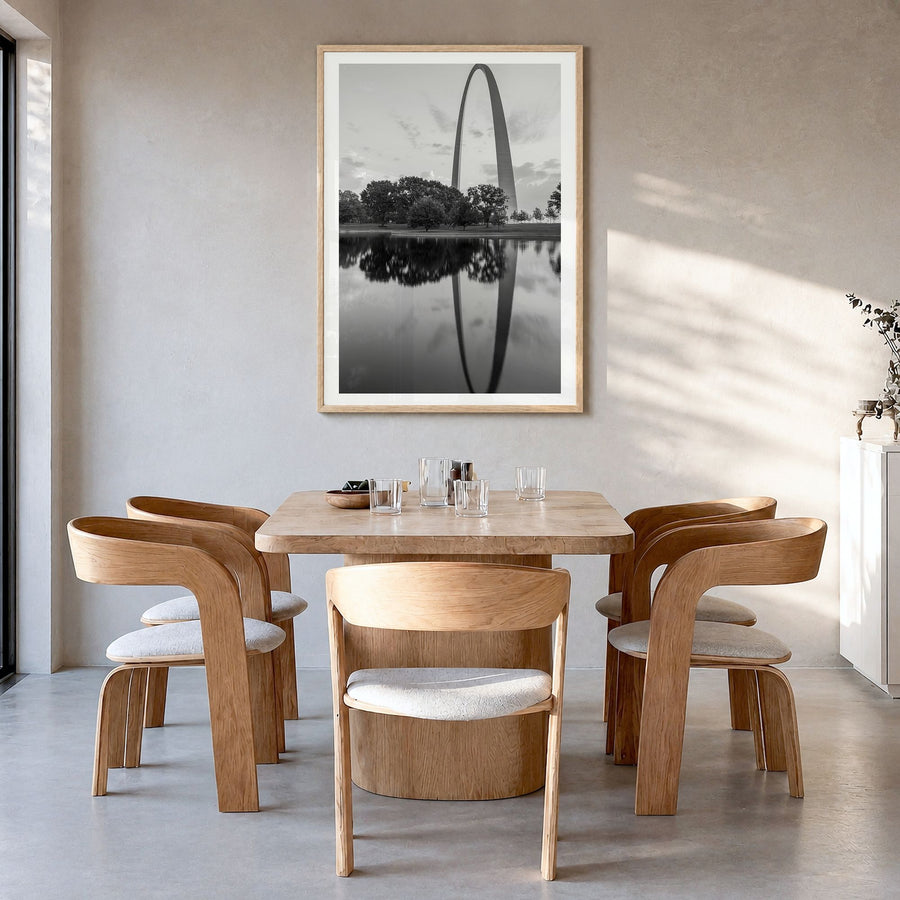 St. Louis Photo No 2 Poster in a natural wood frame, hanging in a dining room, white border